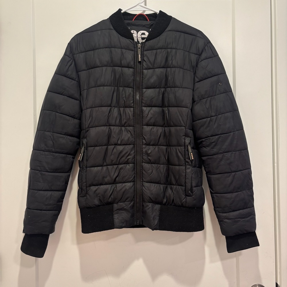 Superdry Men Black Fuji Quilted Puffer Bomber Jacket Size M Full Zip Outerwear